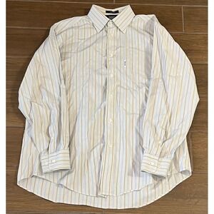 Faconnable Mens Striped Button Down Shirt Tan Blue White Long Sleeve Size L 17